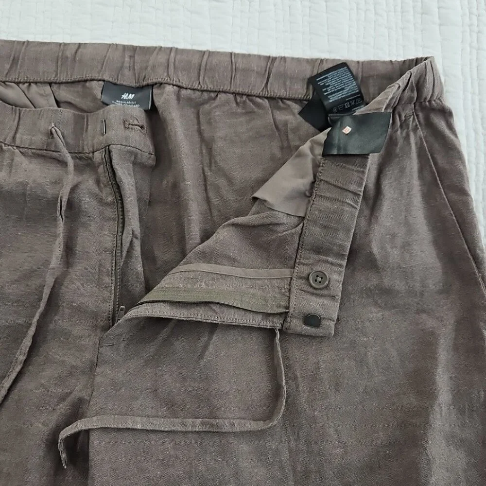H&M Men's‎ Linen Blend Jogger Men's XXL Brown Drawstring Elastic EUC Lightweight